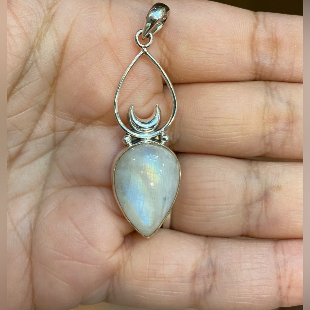 Rainbow Moonstone with Crescent Moon Pendant set in 925 Sterling Silver